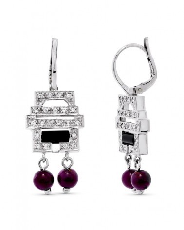 Pendientes oro blanco 18k circonitas colgante violeta