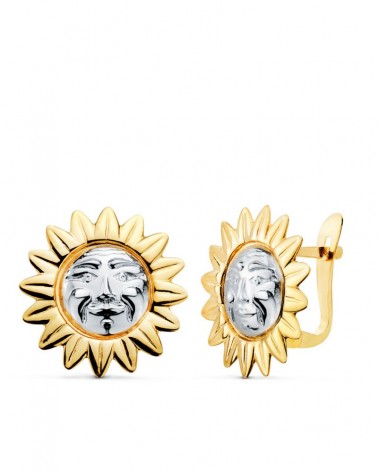 Pendientes oro bicolor 18k sol cara relieve