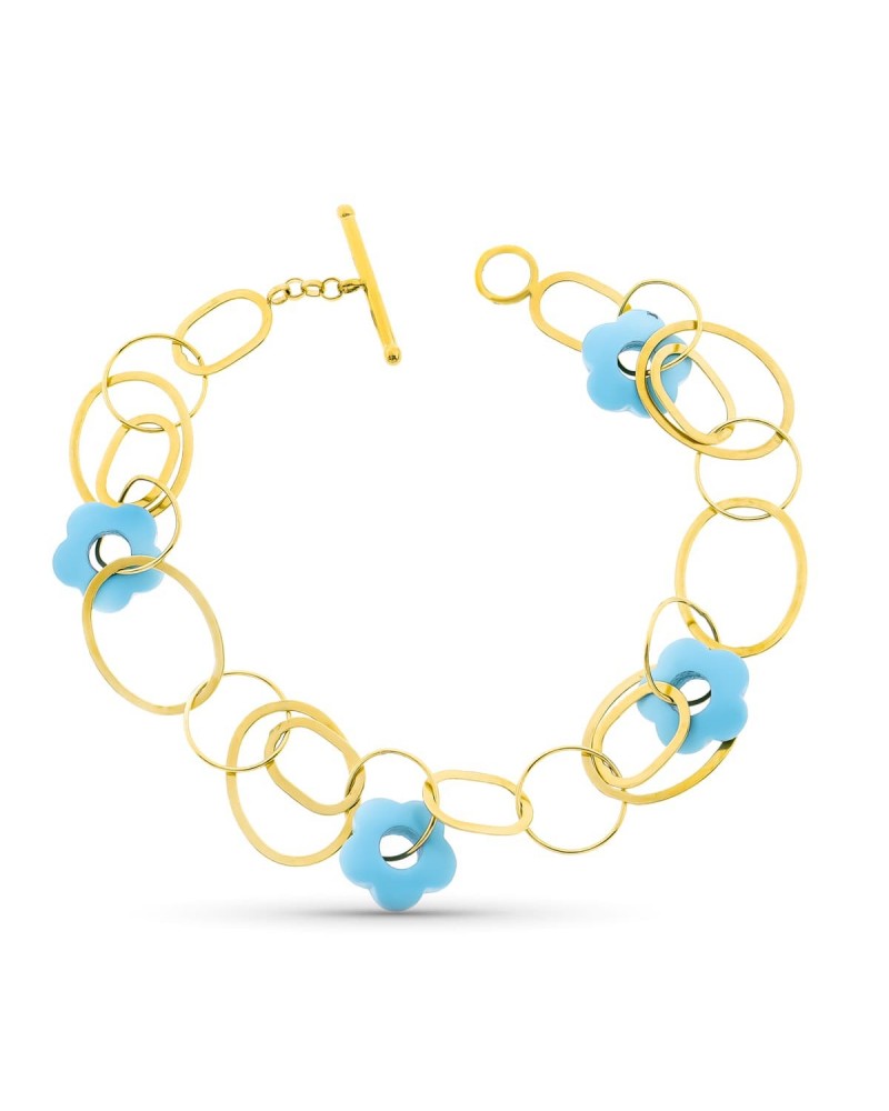 Pulsera oro amarillo 18k turquesa círculos entrelazados 20 cm