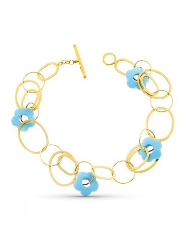 Pulsera oro amarillo 18k turquesa círculos entrelazados 20 cm
