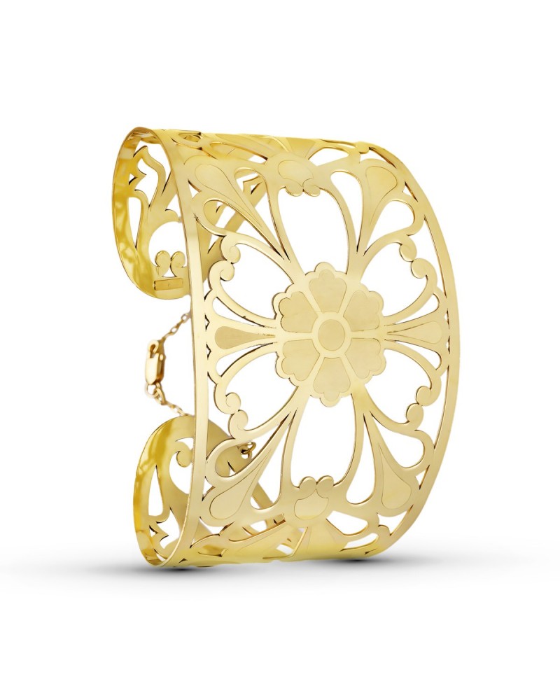 Pulsera oro amarillo 18k rígida calada floral 45mm