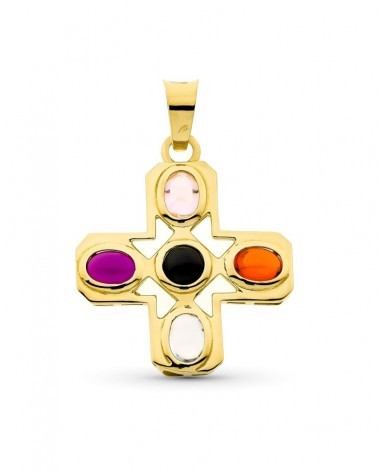 Cruz oro 18k amarillo piedras colores 34x30mm