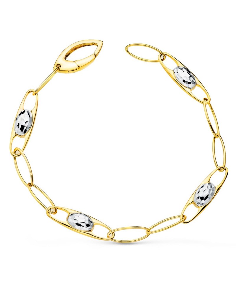 Pulsera oro 18k bicolor eslabones motivos tallados 6mm