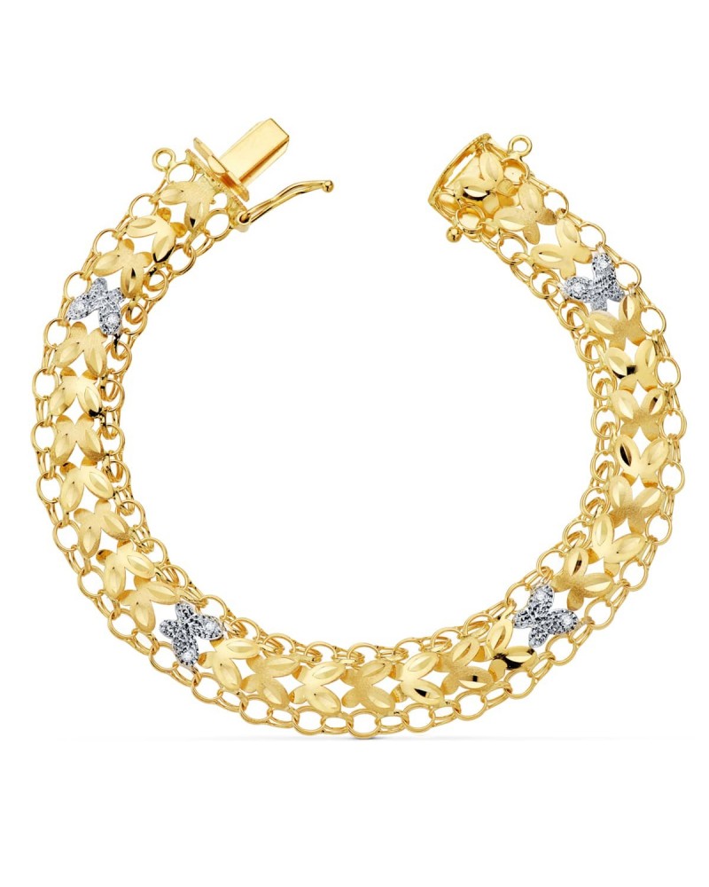 Pulsera oro 18k bicolor motivos florales 20cm