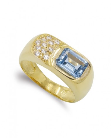 Sortija oro amarillo 18k piedra azul circonitas
