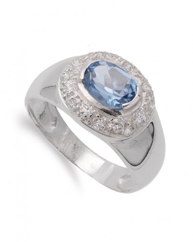 Sortija oro blanco 18k aguamarina y circonitas 13mm