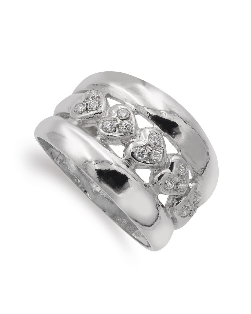 Sortija oro blanco 18k corazones circonitas ancho 13mm