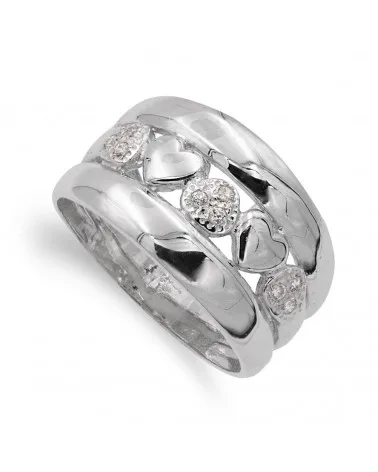 Sortija oro blanco 18k corazones circonita 12mm