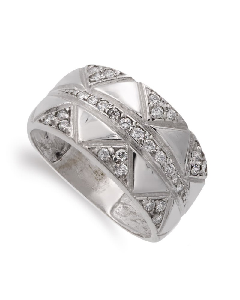 Sortija oro blanco 18k diseño rombos circonitas 10mm