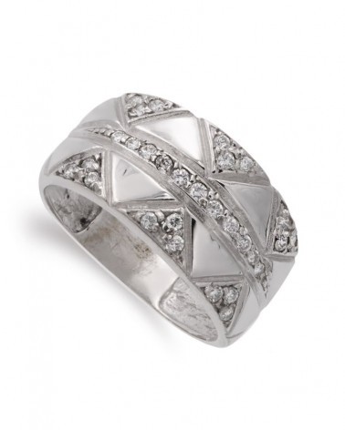 Sortija oro blanco 18k diseño rombos circonitas 10mm
