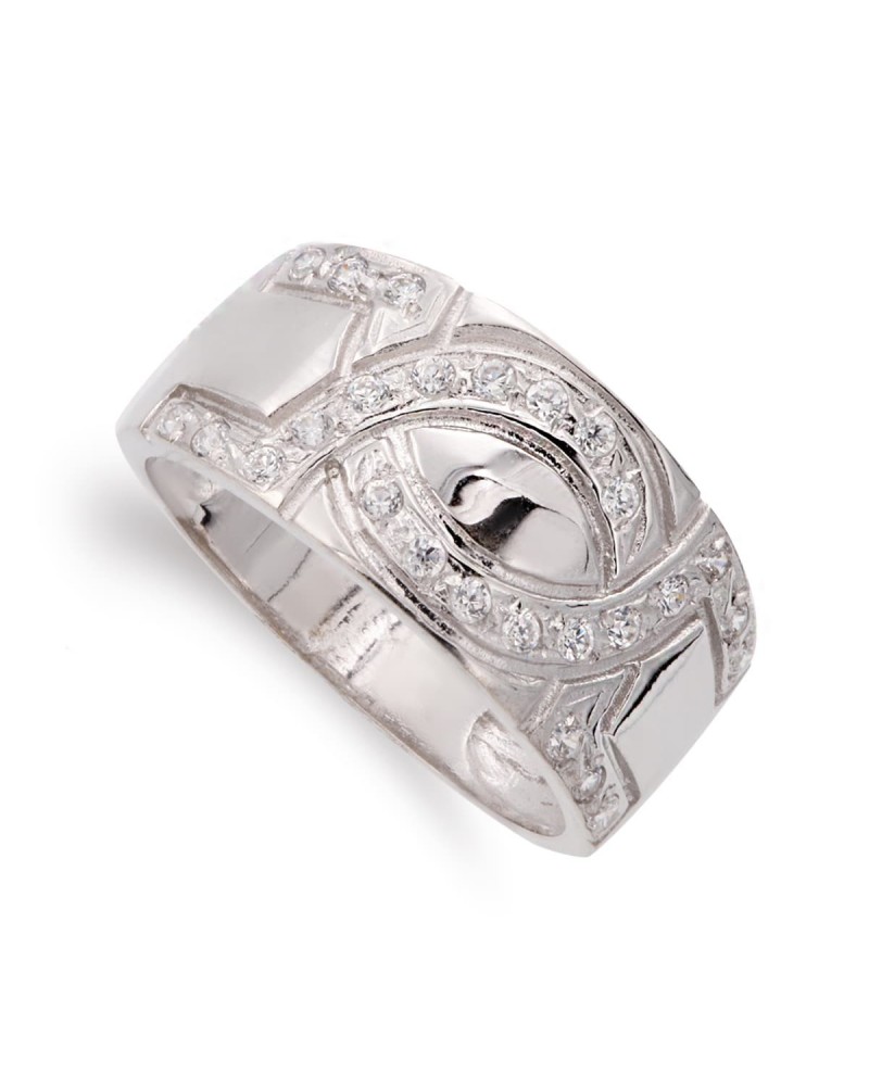Sortija oro blanco 18k circonitas ancho 10mm