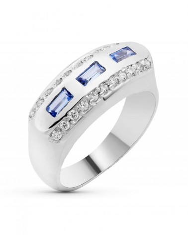 Sortija oro blanco 18k circonitas azules y blancas 8mm
