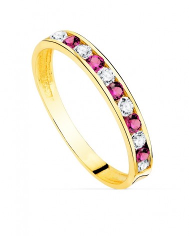 Sortija oro 18k amarillo circonitas rojas blancas 2,5mm