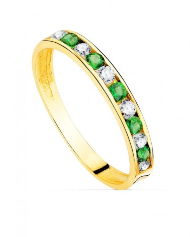 Sortija oro amarillo 18k circonitas verdes y blancas 2.5mm
