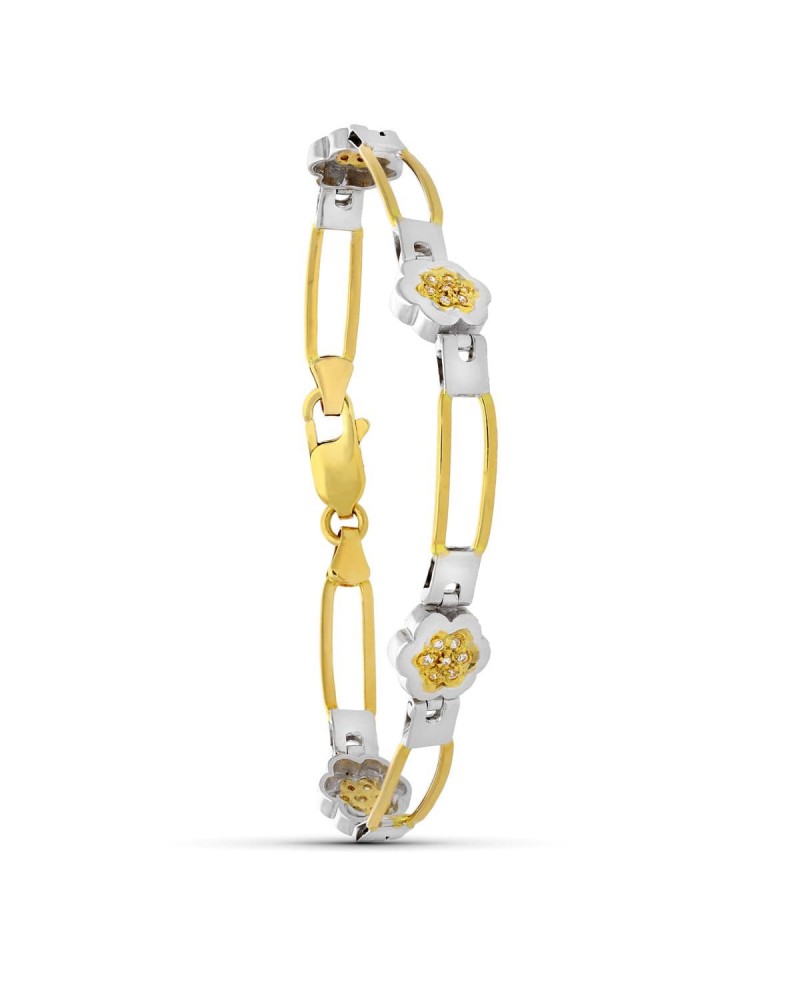 Pulsera oro 18k bicolor flores circonita 13g