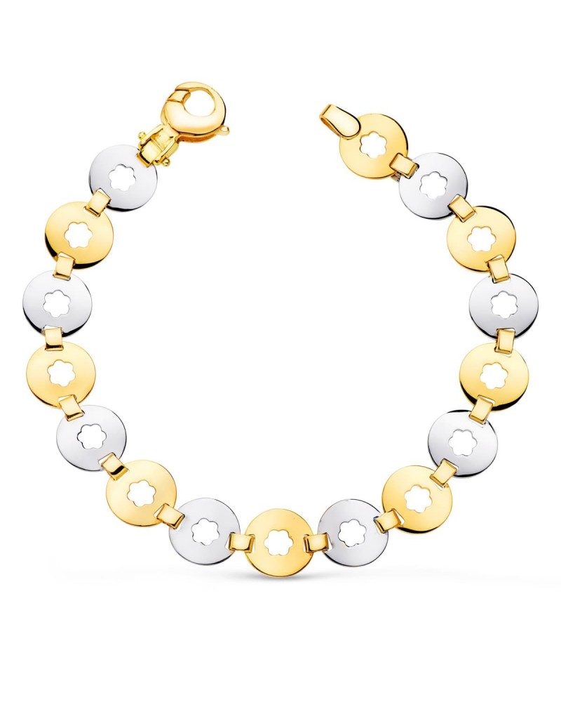 Pulsera oro 18k bicolor eslabones florales 19cm