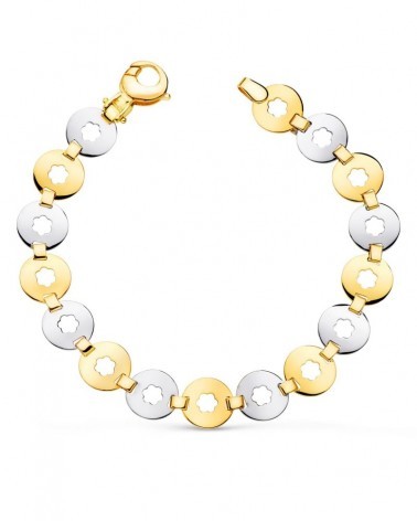 Pulsera oro 18k bicolor eslabones florales 19cm