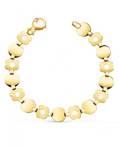 Pulsera oro 18k eslabones redondos y flores 19,5cm