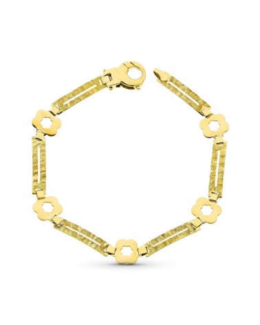 Pulsera oro 18k flores con eslabones texturizados