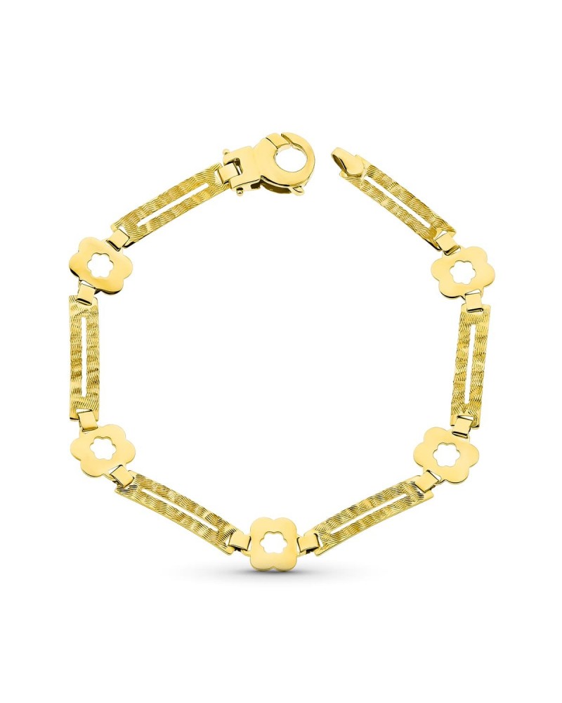 Pulsera oro 18k flores con eslabones texturizados