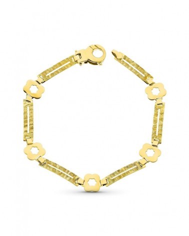 Pulsera oro 18k flores con eslabones texturizados