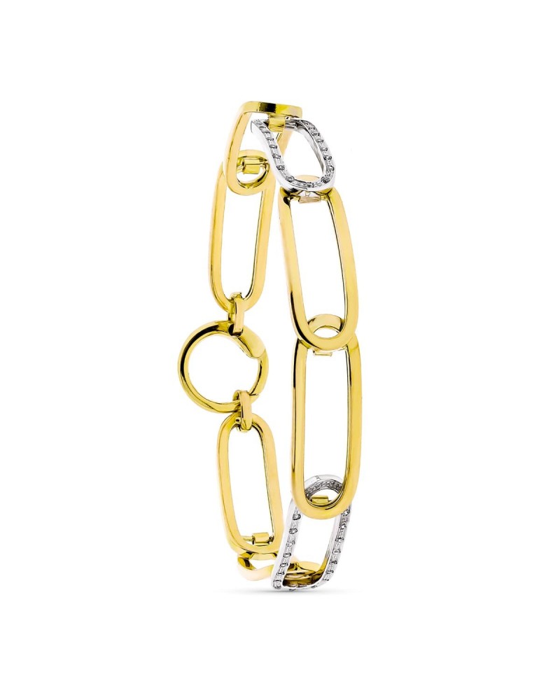Pulsera oro 18k bicolor eslabones calados circonita 9mm