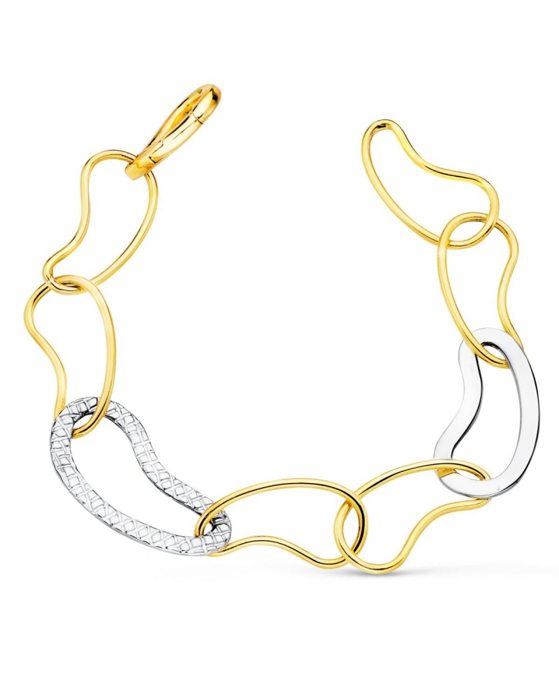 Pulsera oro 18k bicolor eslabones tallados 14mm