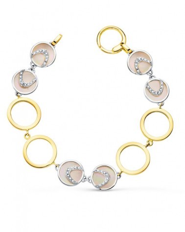 Pulsera oro 18k bicolor círculos nácar rosa 20cm