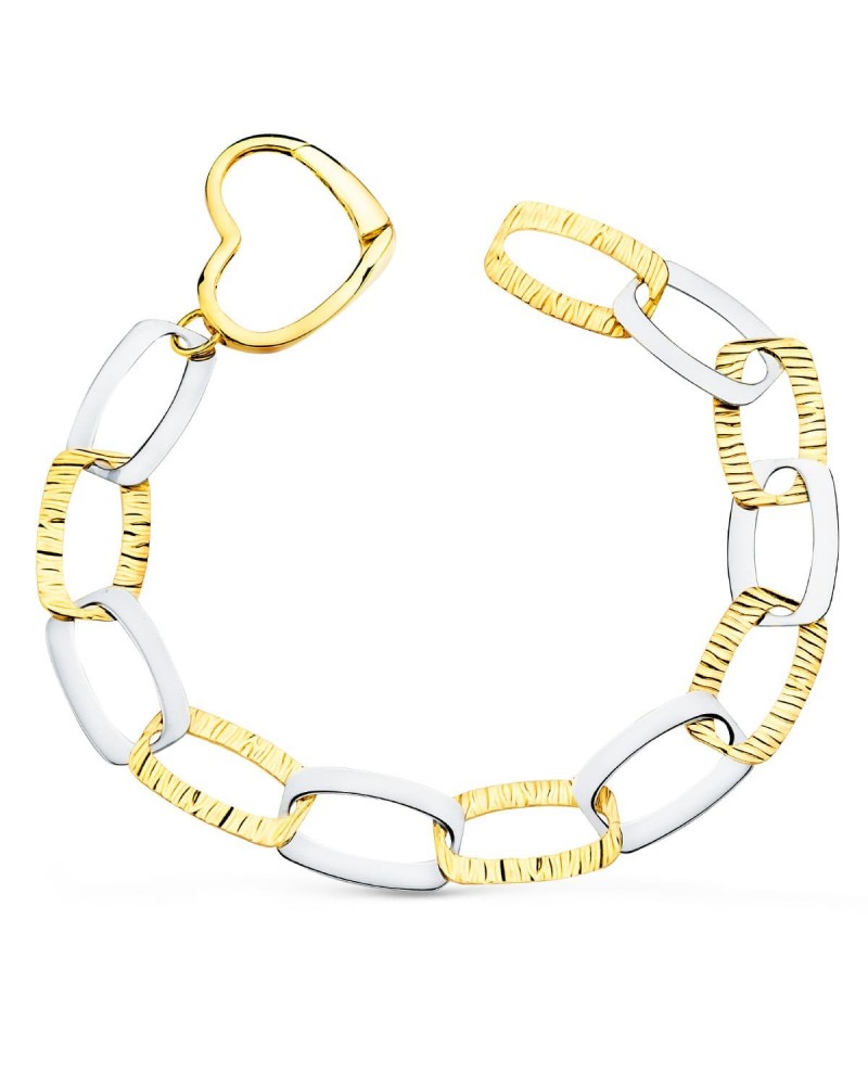 Pulsera oro 18k bicolor eslabones corazón 22cm