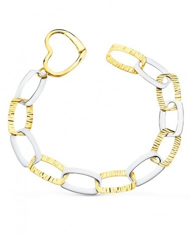 Pulsera oro 18k bicolor eslabones corazón 22cm
