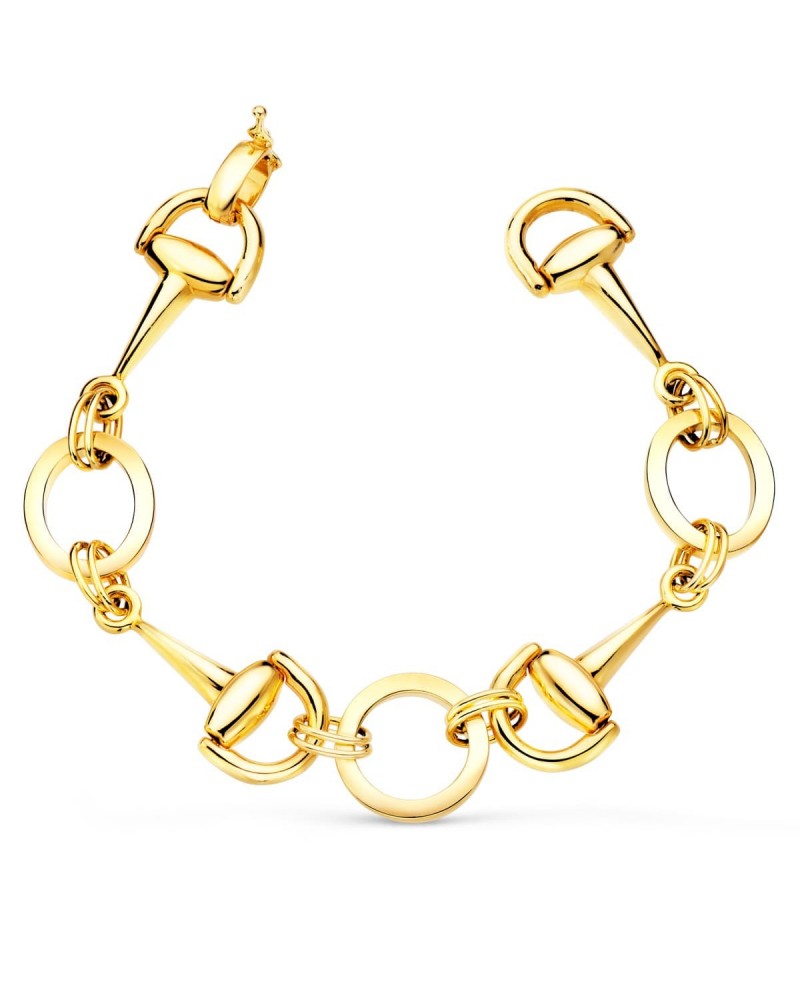 Pulsera oro 18k articulada estribos y círculos 20cm