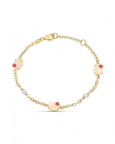 Pulsera oro 18k infantil gatos perlas 18cm