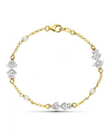 Pulsera oro 18k bicolor perlas 18cm