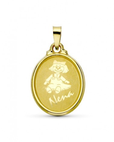 Colgante oro 18k ovalado niña grabado láser 22x15 mm