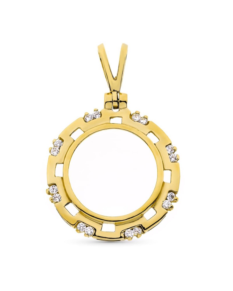 Colgante oro 18k moneda circonitas 19mm