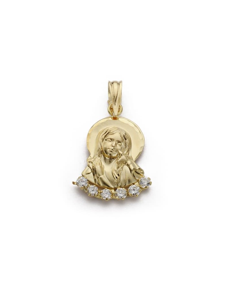 Medalla oro 18k Virgen Niña circonitas 22x13 mm