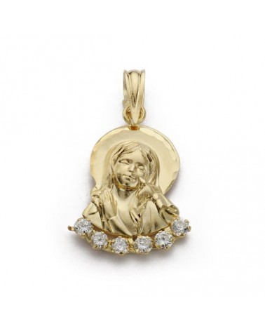 Medalla oro 18k Virgen Niña circonitas 22x13 mm