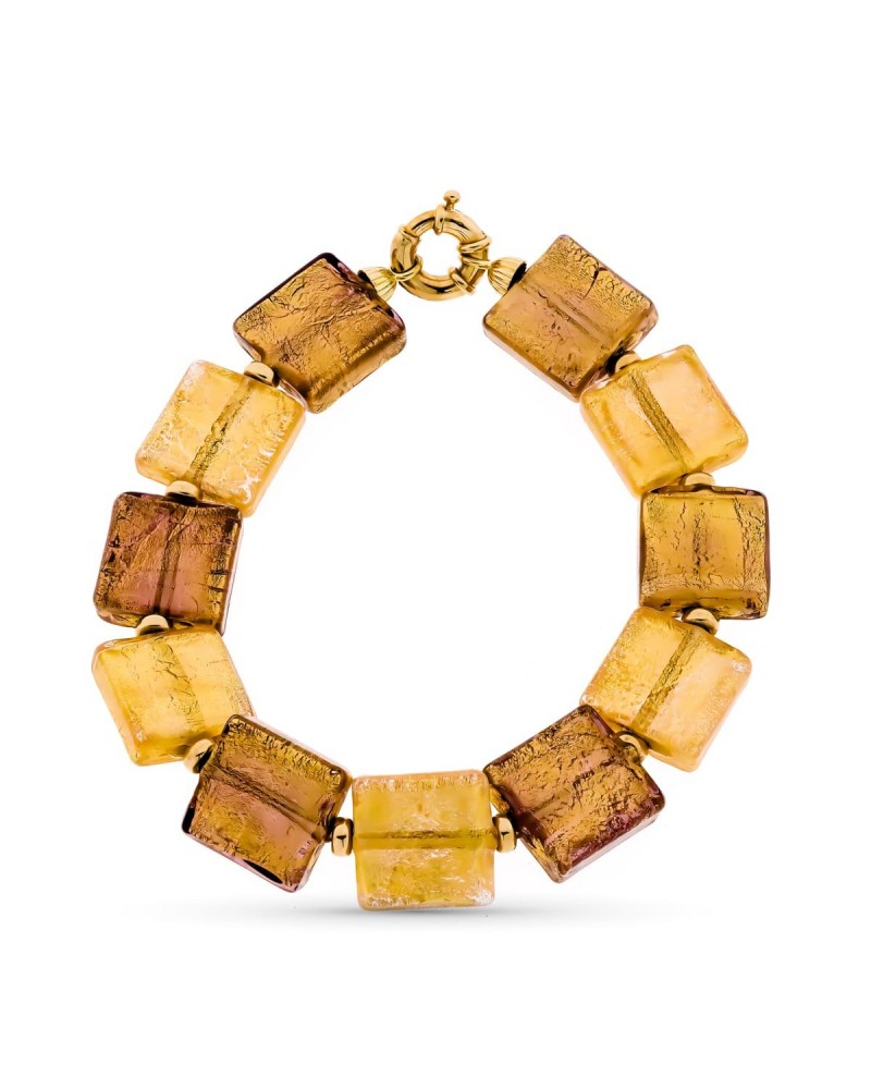 Pulsera oro 18k cristal murano cuadrado tonos ámbar