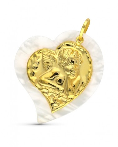 Colgante oro 18k corazón ángel nácar 40x35mm