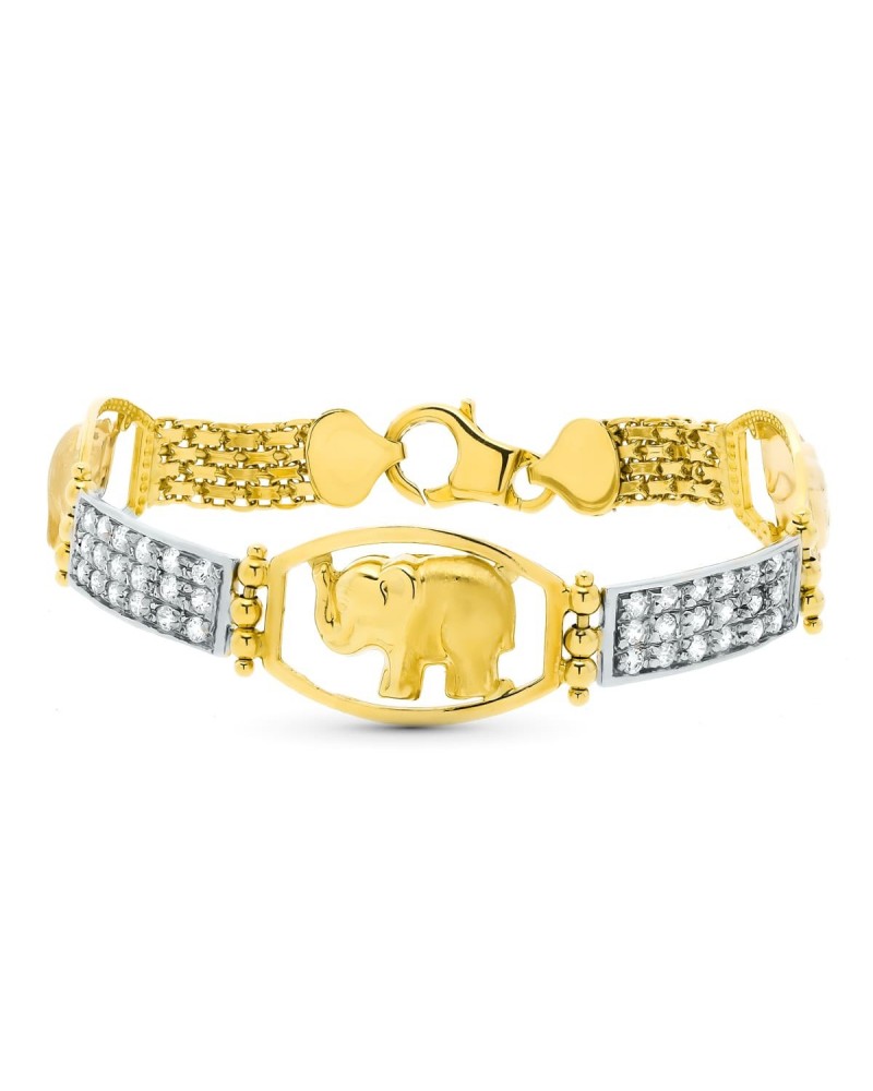 Pulsera oro 18k tricolor elefante circonitas 19cm