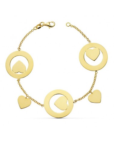 Pulsera oro 18k amarillo corazones cadena rolo 19cm