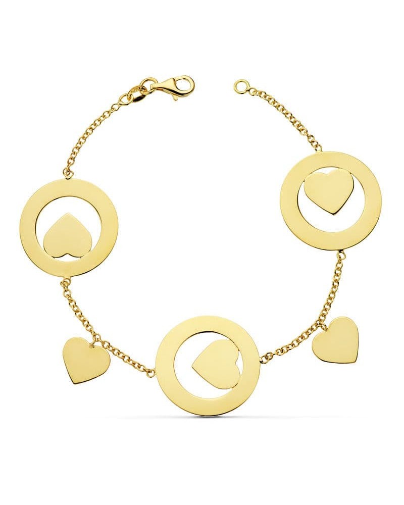 Pulsera oro 18k amarillo corazones cadena rolo 19cm
