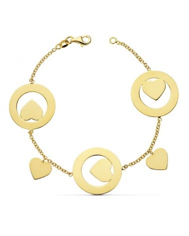 Pulsera oro 18k amarillo corazones cadena rolo 19cm