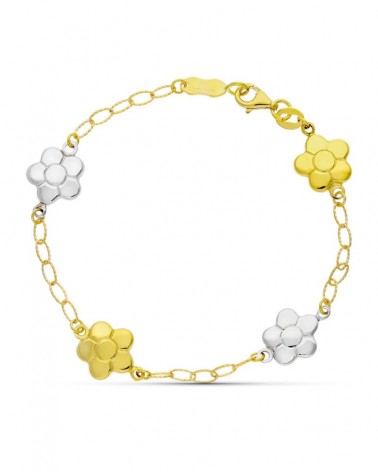 Pulsera oro 18k bicolor flores 17cm