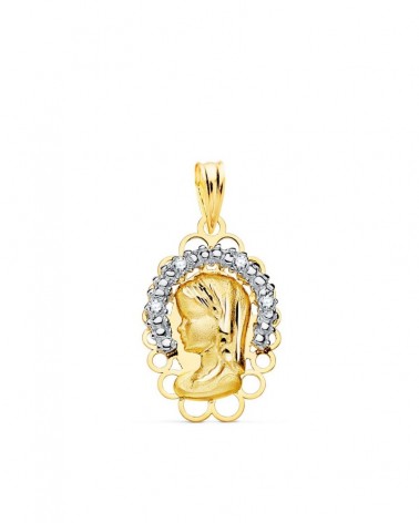 Medalla oro 18k bicolor Virgen niña circonitas 21x14mm