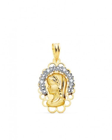 Medalla oro 18k bicolor Virgen niña circonitas 21x14mm