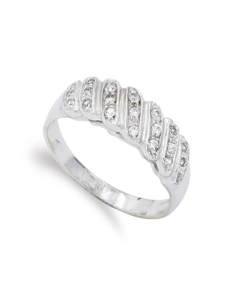 Sortija oro blanco 18k circonitas diseño ondulado 6mm