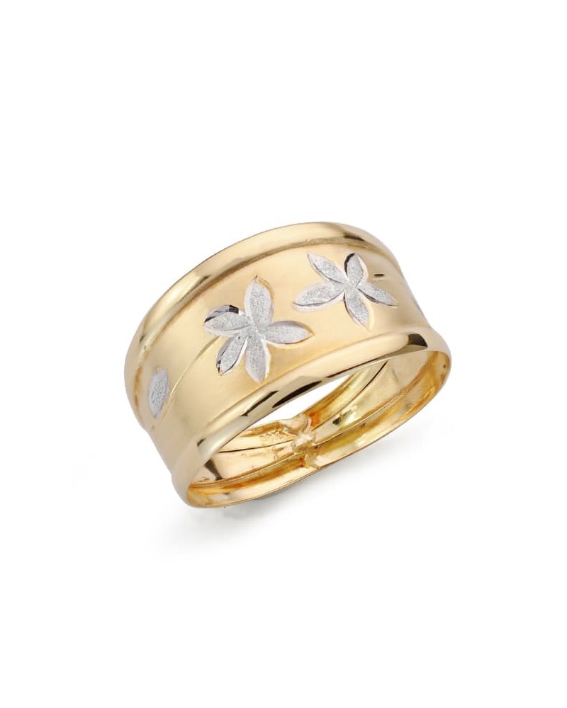 Sortija oro 18k bicolor flores diamantadas 13,5mm