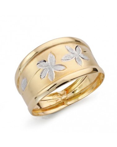 Sortija oro 18k bicolor flores diamantadas 13,5mm