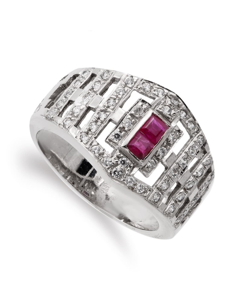 Sortija oro blanco 18k circonita piedra roja 13mm